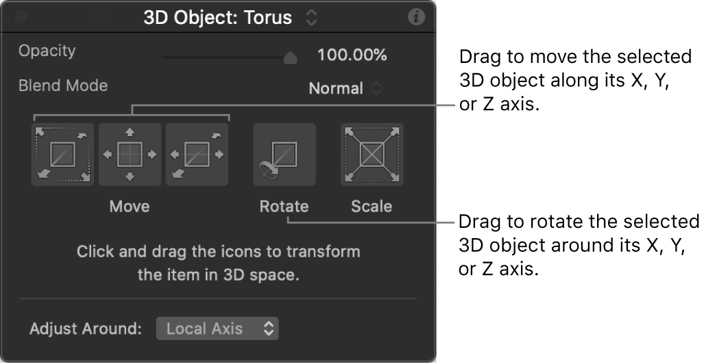 Panel de configuración que muestra un objeto 3D con la herramienta de ajuste 3D seleccionada