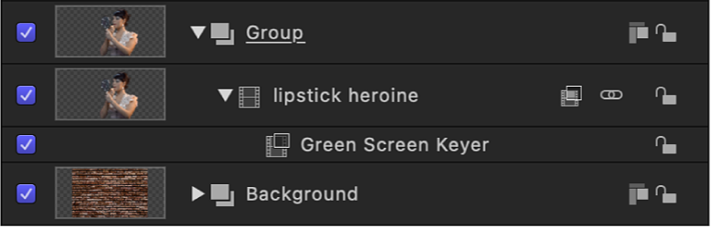 Clip de pantalla verde en primer plano y placa de fondo vistos en la lista Capa
