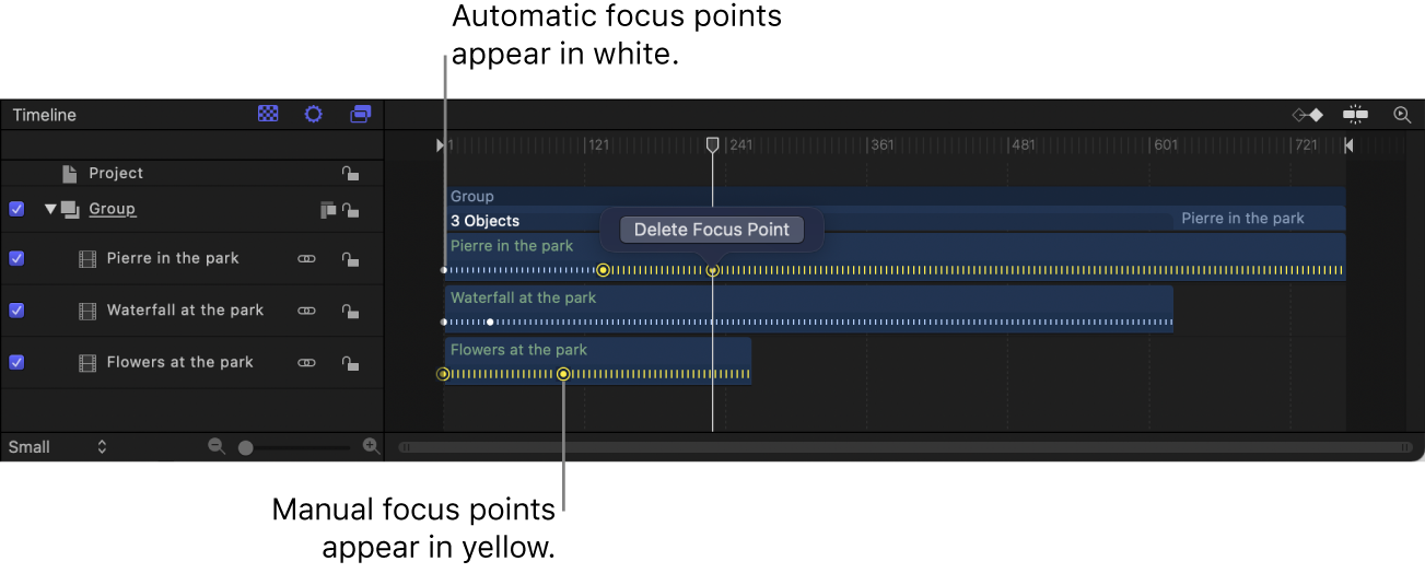 Clips de vídeo en modo Cine en la línea de tiempo con puntos de enfoque automático blancos y puntos de enfoque manual amarillos