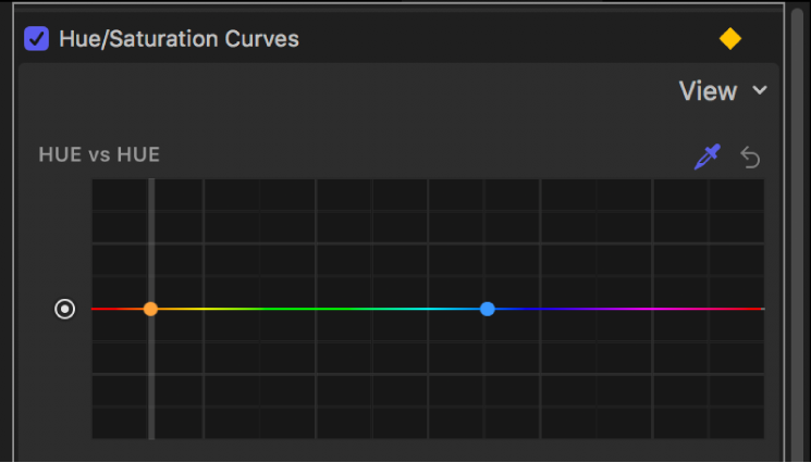 Inspector de filtros con los puntos de control en la curva “Matiz frente a Matiz” con una línea vertical que atraviesa el color seleccionado en el lienzo