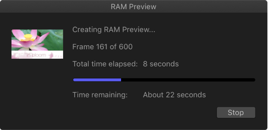 Cuadro de diálogo de progreso de la previsualización RAM