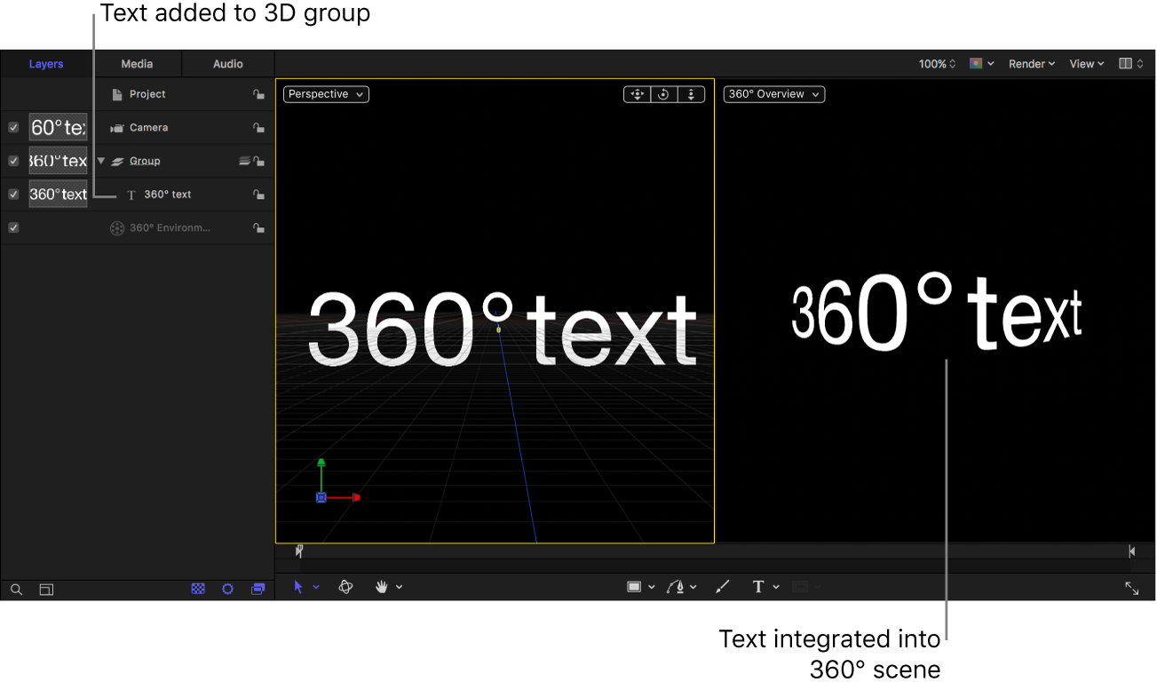 Texto añadido a un objeto Grupo en un proyecto de 360°