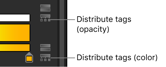 Editor de gradación con iconos de distribución de etiquetas correspondientes a opacidad y color