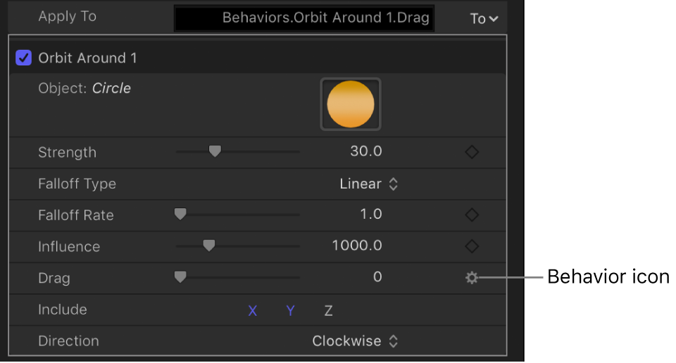Icono de comportamiento sobre el botón “Fotograma clave” del parámetro afectado