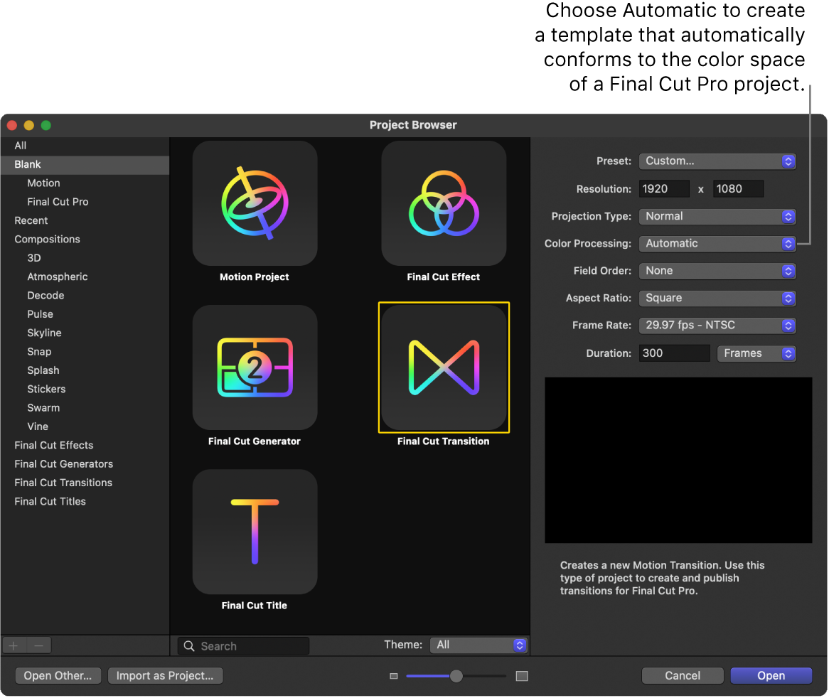 Explorador de proyectos, con el icono “Transición de Final Cut” seleccionado y el parámetro “Procesamiento de color” definido como Automático