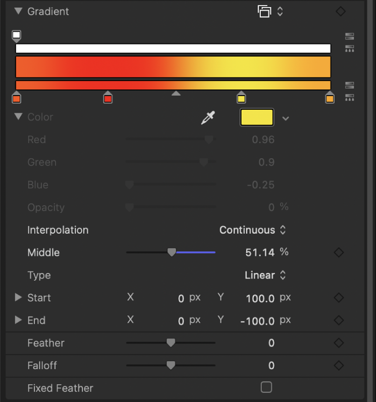 Editor de gradación donde se muestran los controles de color cuando hay una etiqueta seleccionada.