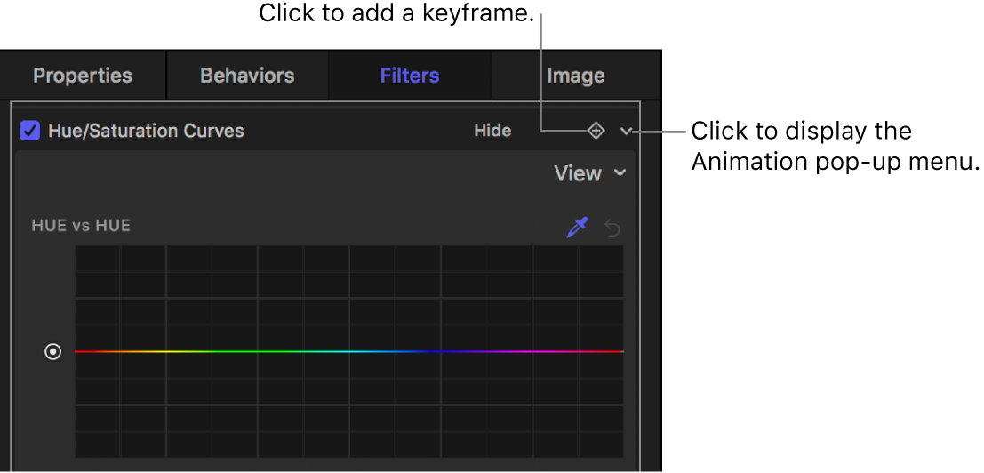 El inspector de filtros con el botón “Añadir fotograma clave” y el botón del menú desplegable Animación