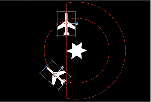 Canevas affichant la trajectoire d’animation lorsque le comportement Attacher est appliqué à un des objets en orbite