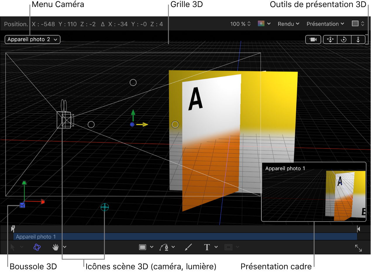 Canevas affichant les commandes 3D : le menu local Caméra, les outils de présentation 3D, les icônes de scène 3D, la grille 3D, la boussole 3D et la présentation cadre