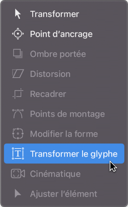 Sélection de l’outil Transformer le glyphe dans le menu local des outils 2D