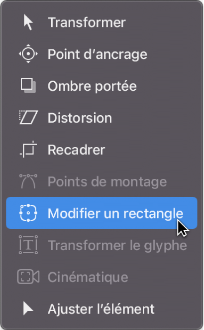 Sélection de l’outil Modifier le rectangle dans le menu local des outils de transformation