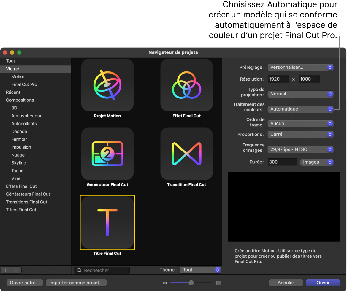 Navigateur de projets montrant l’icône « Titre Final Cut » et « Traitement des couleurs » défini sur Automatique