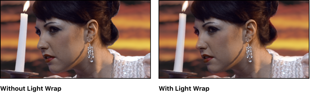 キーイングの「ライトラップ」が適用されたイメージと適用されていないイメージ