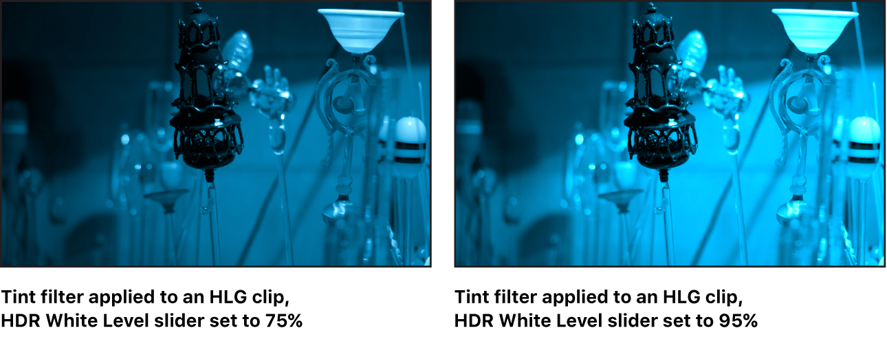 「色合い」フィルタで「HDR白レベル」スライダを調整した効果を示したキャンバス。