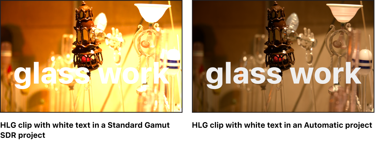 「Wide Gamut HDR」プロジェクトから「自動」プロジェクトに切り替えた効果を示したキャンバス。