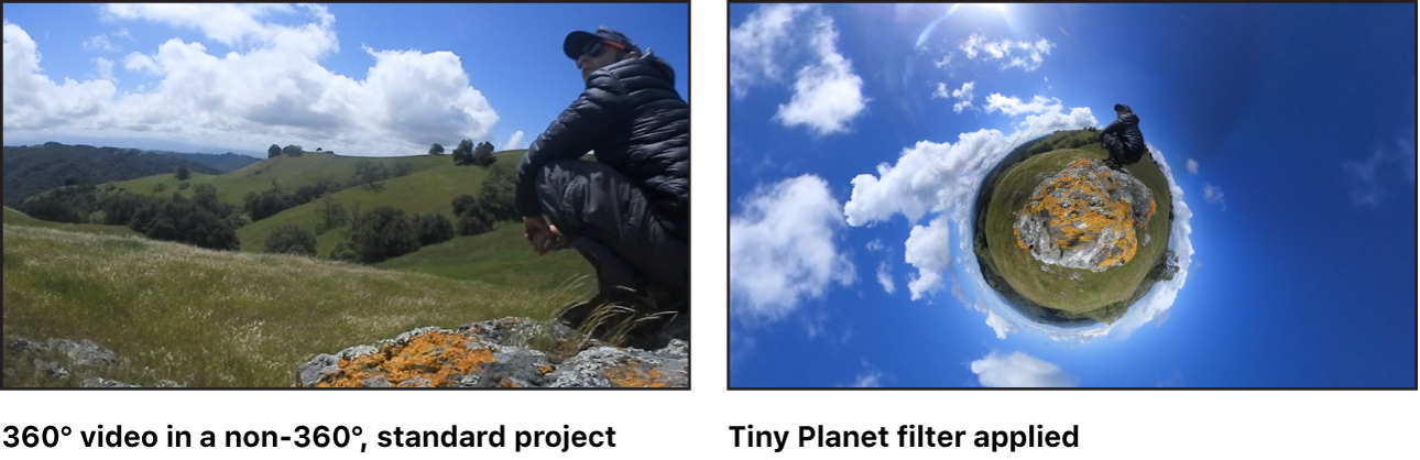 360°素材での「タイニープラネット」フィルタの効果を示すキャンバス