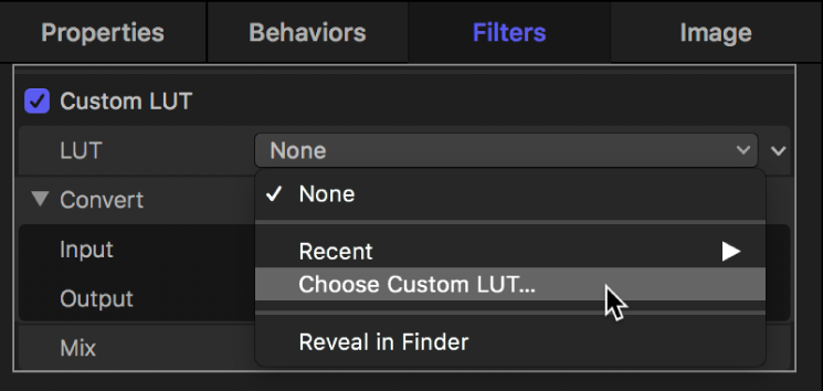 LUT 팝업 메뉴에서 사용자 설정 LUT 선택 옵션을 표시하는 필터 인스펙터
