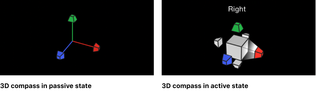 수동 및 활성 상태의 3D 나침반이 표시된 캔버스