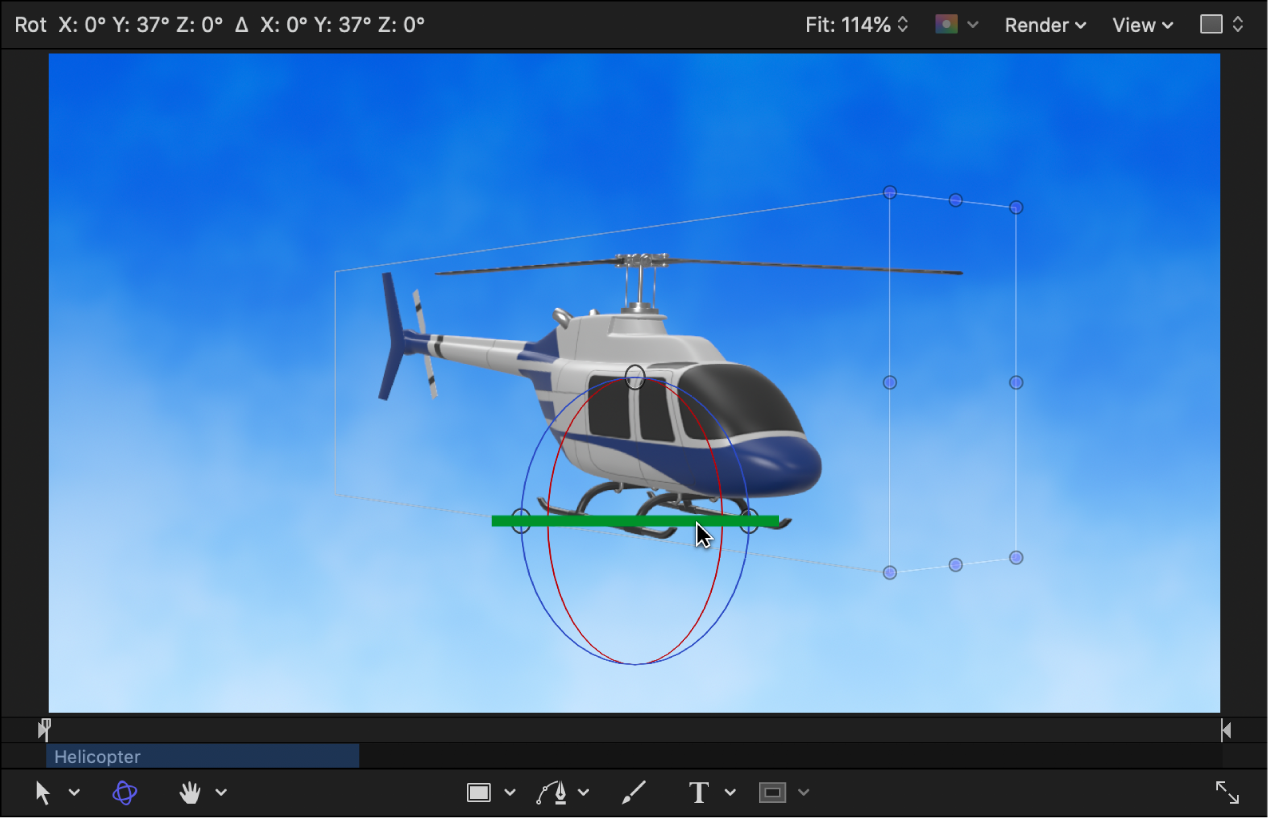캔버스에서 회전될 때 표시되는 헬리콥터 대상체의 측면 및 회전 블레이드