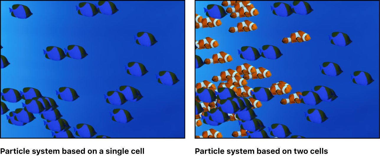 단일 셀을 기반으로 한 입자 시스템이 표시된 캔버스와 두 가지 셀을 기반으로 한 입자 시스템이 표시된 캔버스 비교