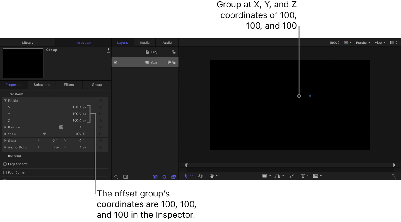 X = 100, Y = 100, Z = 100 좌표에 위치한 그룹이 표시된 캔버스 및 인스펙터.