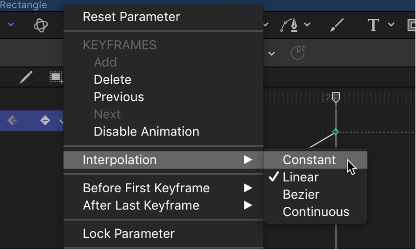 키 프레임 편집기의 애니메이션 메뉴를 사용하여 전체 매개변수에 대한 보간 방식 변경하기