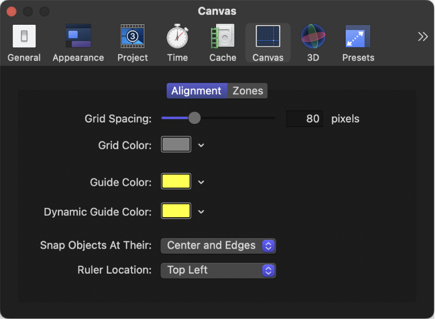 캔버스 정렬 패널을 표시하는 Motion 설정 윈도우