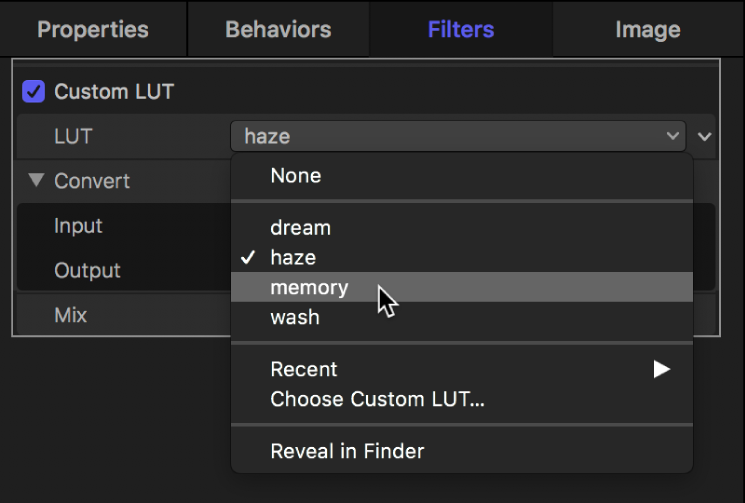 LUT 팝업 메뉴에서 사용자 설정 LUT 선택을 보여주는 필터 인스펙터