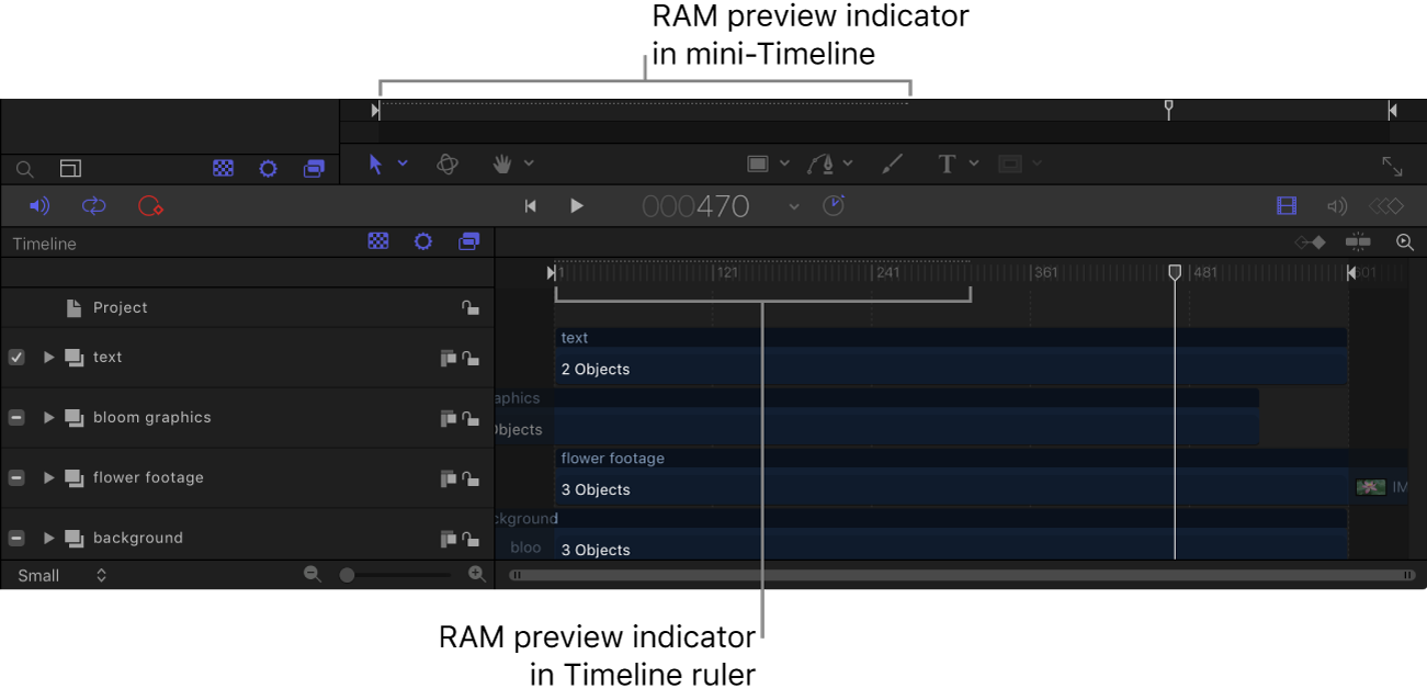 RAM 미리보기 표시기를 보여주는 미니 타임라인 및 타임라인