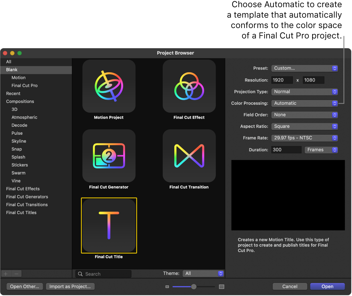 显示被选中的“Final Cut 字幕”图标和“颜色处理”设为“自动”的项目浏览器