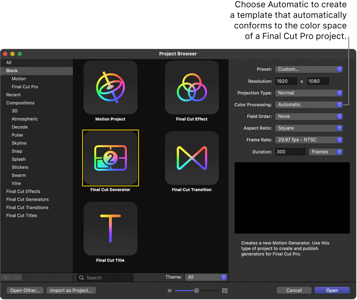 显示被选中的“Final Cut 发生器”图标和“颜色处理”设为“自动”的项目浏览器