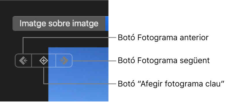 Botons “Fotograma clau anterior”, “Fotograma clau següent” i “Eliminar fotograma clau” al visor
