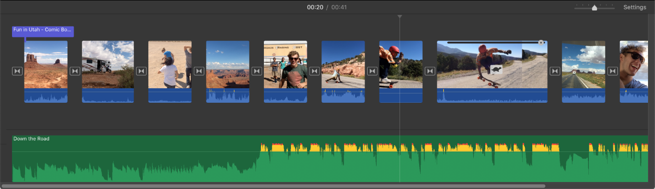 Timeline showing thumbnails of video clips and an audio clip below the video clips