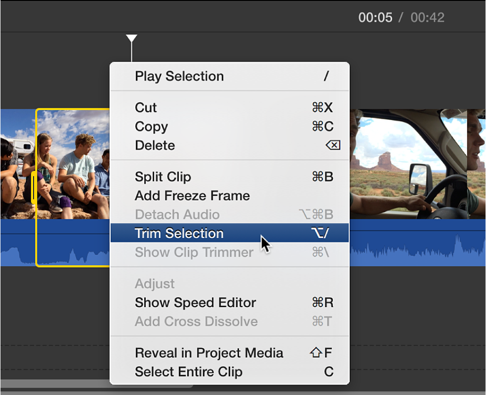 Trim Selection being chosen from shortcut menu in timeline