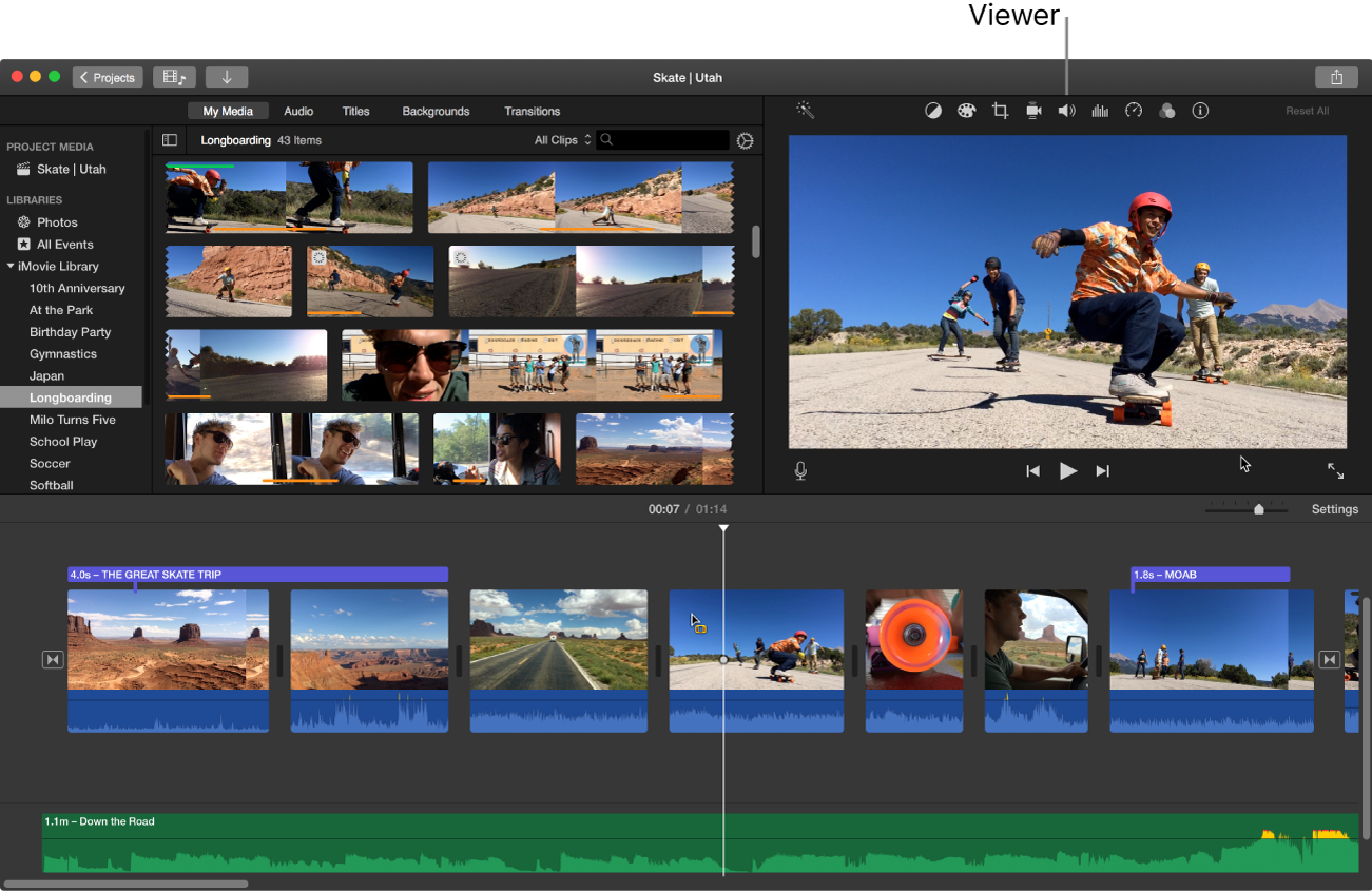 iMovie main window showing viewer on right above timeline