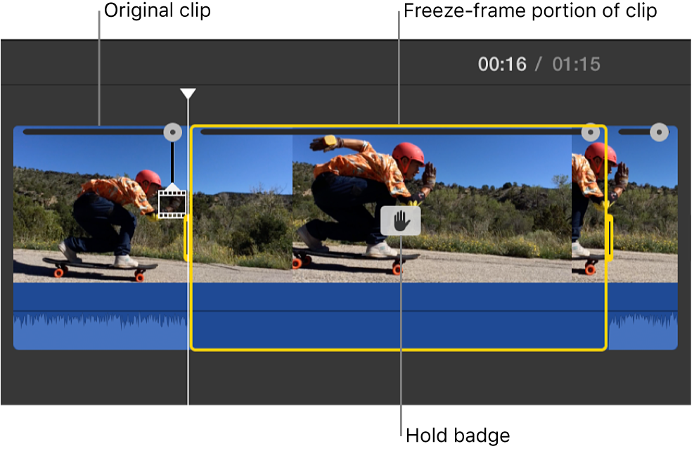 Freeze-frame clip inserted at playhead position in timeline