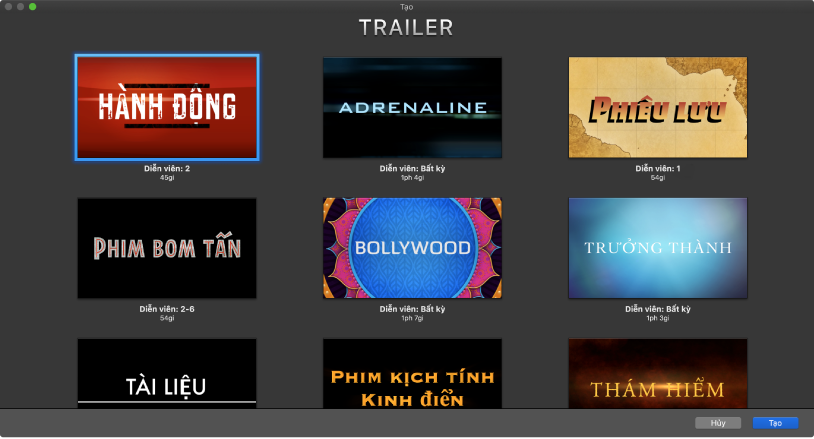 Cửa sổ Tạo đang hiển thị các hình thu nhỏ của các mẫu trailer