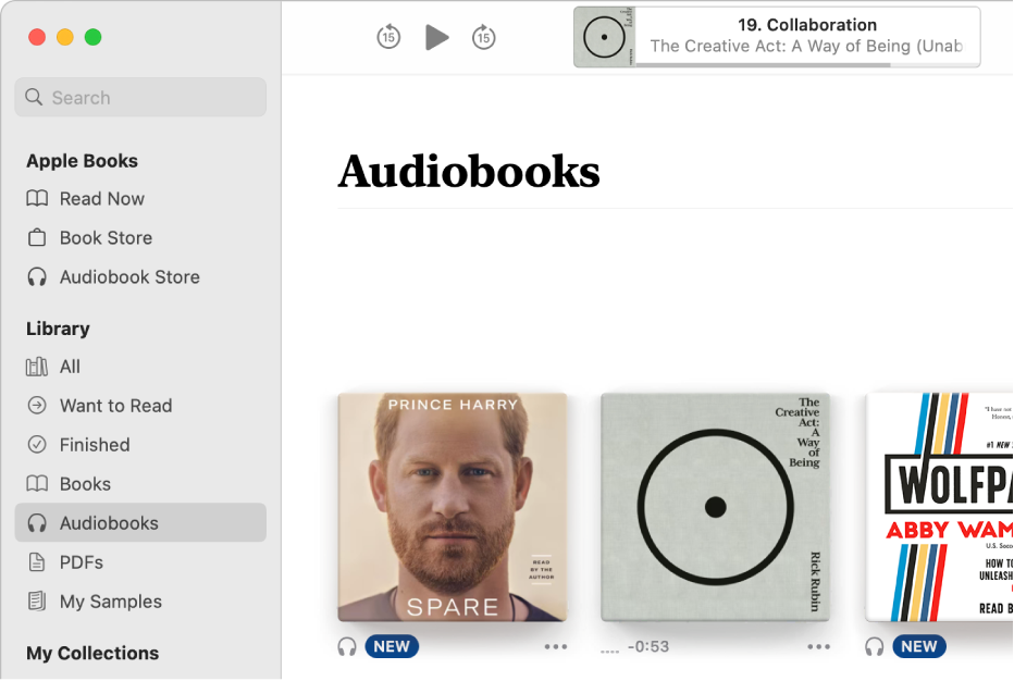 The audiobook player. Along the top are the player’s controls, a thumbnail of the audiobook’s cover, and the audiobook’s title and author. Below is the Audiobooks collection in the library.