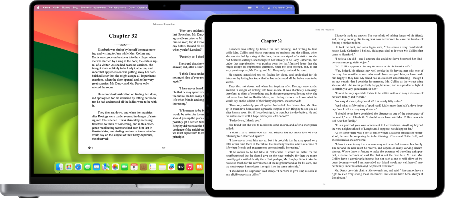 Книга, открытая в приложении «Книги» на одной и той же странице на iPad и компьютере Mac.