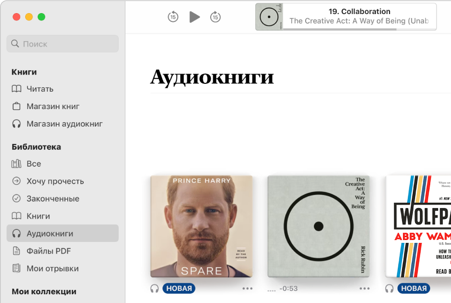 Плеер аудиокниг. Вдоль верхнего края расположены элементы управления плеером, миниатюра обложки аудиокниги, ее название и автор. Ниже показана коллекция «Аудиокниги» в библиотеке.