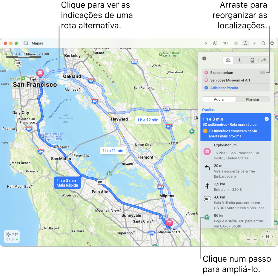 Um mapa da área de San Francisco com uma rota de carro entre dois locais. O mapa também mostra rotas alternativas.