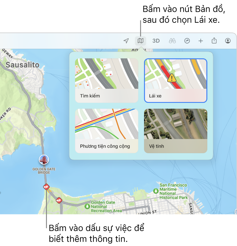 Một bản đồ San Francisco với các tùy chọn bản đồ được hiển thị, bản đồ Lái xe được chọn và các vấn đề giao thông trên bản đồ.