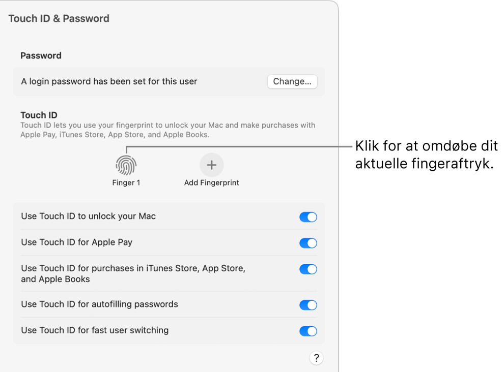 Indstillingerne til Touch ID & adgangskode, der viser et fingeraftryk, der er klar og kan bruges til at låse Mac op.