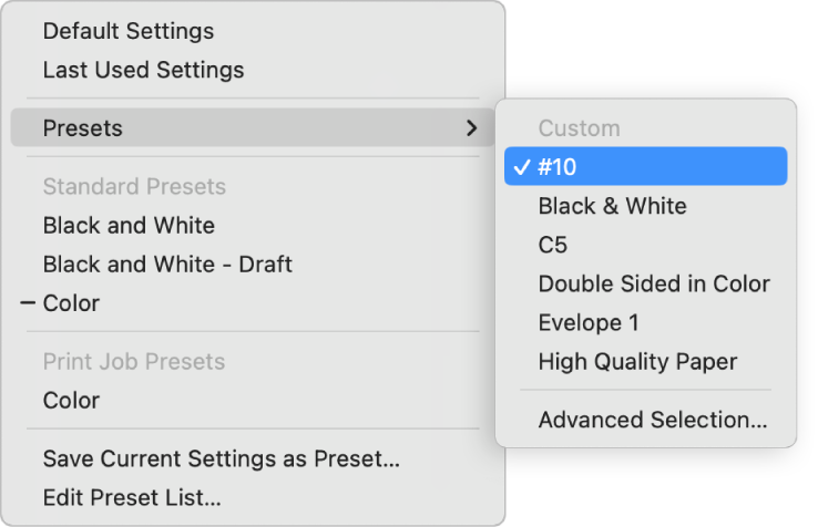The Presets pop-up menu showing custom presets.
