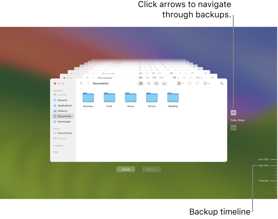 The Time Machine window showing multiple Finder screens stacked to represent backups, with arrows for navigation. Arrows and the backup timeline on the right help you navigate through your backups so you can choose which files to restore.