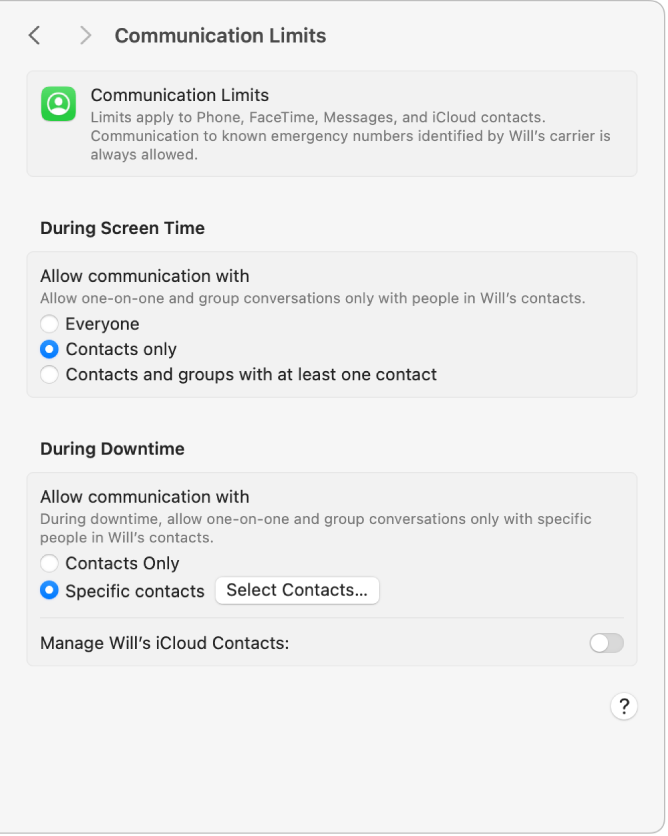 Communication Limits settings in Screen Time with options for allowing communication during screen time and downtime selected.