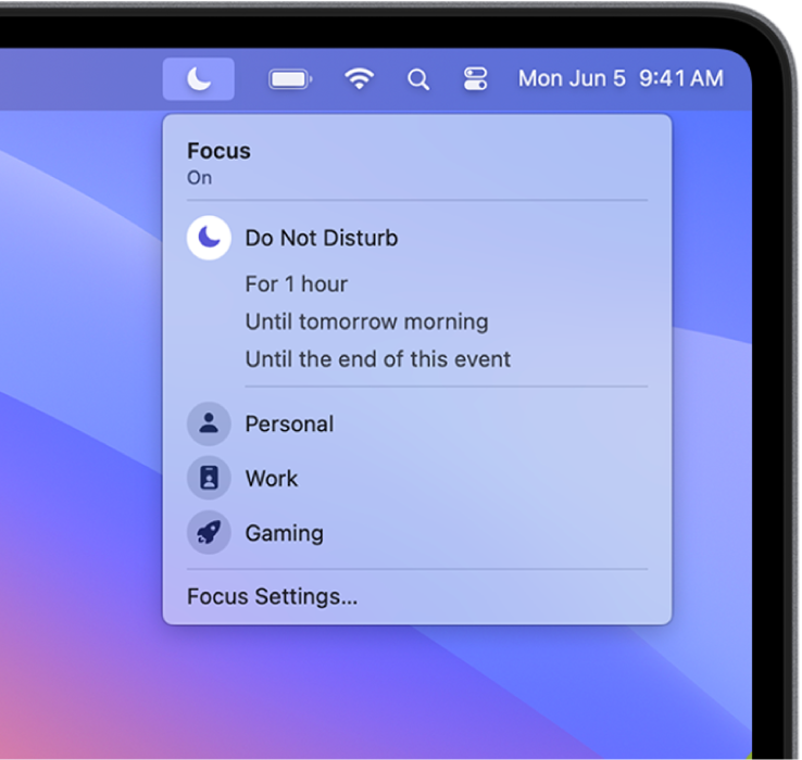 The Focus status menu open to show the Focus list, including Personal, Work, Study, and others. Do Not Disturb is at the top of the list and is on for one hour.