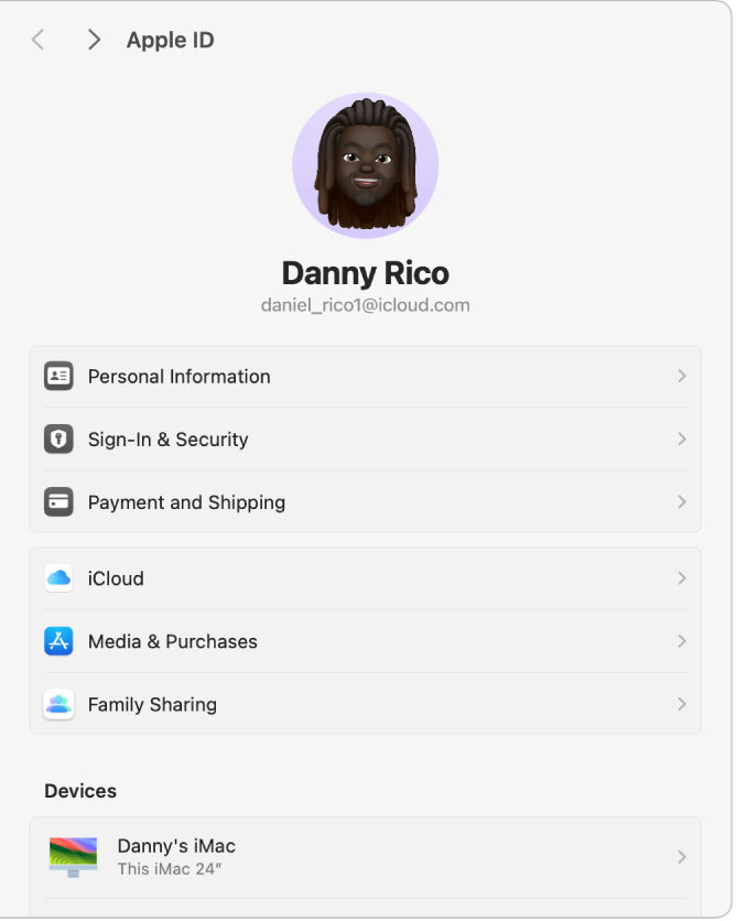 Apple ID settings showing the user’s Apple ID picture and name at the top, and the different types of account options you can set up and use below.