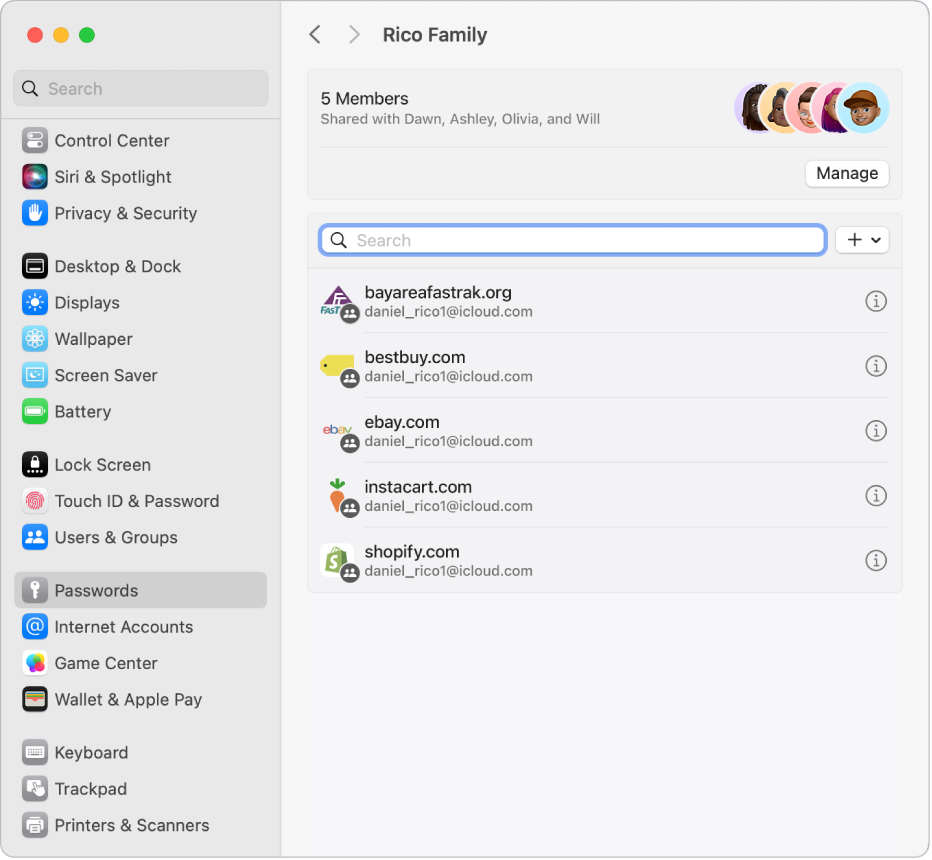 The Family Passwords System Settings window.