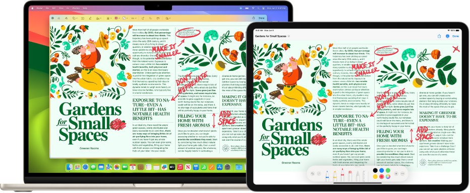 Un MacBook Air et un iPad côte à côte. Les deux écrans affichent un article couvert de modifications griffonnées en rouge, telles que des phrases barrées, des flèches et des mots ajoutés. L’iPad montre également des commandes d’annotation au bas de l’écran.